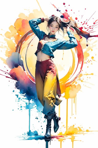 extreme detailed, (masterpiece), (top quality), (best quality), (official art), (beautiful and aesthetic:1.2), (stylish pose), (1 woman), (fractal art:1.3), (colorful), (burgundy-yellow theme: 1.2), ppcp, 七分裙, show navel, full body, ,perfect,ChineseWatercolorPainting,Chromaspots,masterpiece