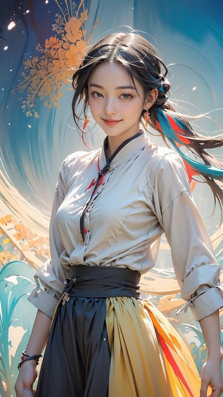 extreme detailed, (masterpiece), (top quality), (best quality), (official art), (beautiful and aesthetic:1.2), (stylish elegant pose, dreaming smile), (1 woman), (fractal art:1.3), random perspective view, (colorful theme: 1.7), strong light, sun flare,   ppcp, medium skirt, wearing Braided bracelet, ((face close up)), holding a mask, perfect,ChineseWatercolorPainting