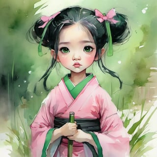 Cute little Nezuko, Pink Kimono, Pink bow in Hair, Long black straight hair, Pink Eyes, Green wooden gag in her mouth, farm, big eyes, Gag in mouth, Mouth covered by Green wooden gag stick, freedom, soul, digital illustration, approaching perfection, dynamic, highly detailed, watercolor painting, artstation, concept art, sharp focus, in the style of artists like Russ Mills, Sakimichan, Wlop, Loish, Artgerm, Darek Zabrocki, and Jean-Baptiste Monge,v0ng44g
