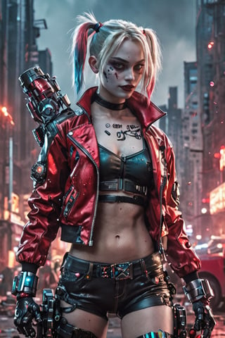 HD wallpaper 32k cinematic shoot of DC's harley quinn((Android cyberpunk/robotic bodypart)) and her robotic cat((Mecha cat)), she hold an mecha baseball bat, shirtless((flashing upper body)) under red cropped jacket, on futuristic cyberpunk Gotham city, explosion behind, hyper detail, extreme detail..