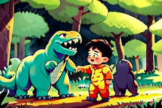 
in the style of a childrens book, in the style of calvin and hobbs,

a 5 year old boy walking through the forrest looking for something weating a t-rex onesie,  1boy, 


(masterpiece, best quality:1.2), 



