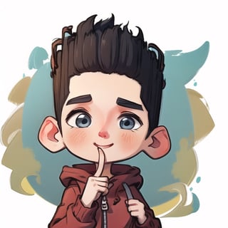 1boy, shushing, short finger, finger over lips, happy eyes, looking over shoulder
((masterpiece, best quality)),1boy,solo, norman, ,child,thick eyebrows, hoodie, looking at viewer,girl,Cartoon,Cute,Patinting
