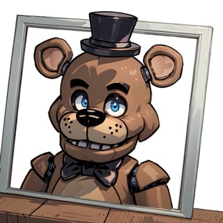 smiling, looking aat viewer, 1girl, chibi, 1girl, masterpiece, best quality, highres, (((picture perfect))),  freddy fazbear, hat, top hat, bow, 1boy, solo, male focus, bowtie, furry male, no humans, portrait, blue eyes, mini hat, robot, standing, black bow, grin, furry, smile, teeth, animal ears, black bowtie, black headwear, joints, mini top hat ,freddy fazbear