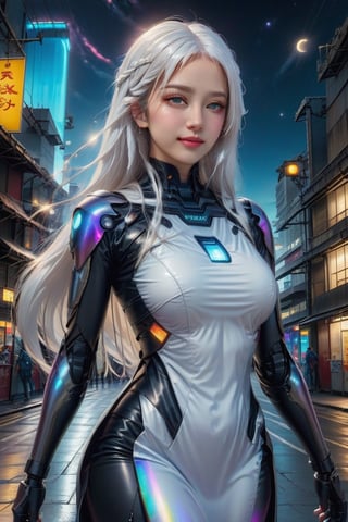 official art, unity 8k wallpaper, (ultra detailed), beautiful and aesthetic, beautiful, masterpiece, best quality, (fullbody) (1girl:1.3), (long hair, white hair:1.4), mature female, cyberpunk, mecha, sexy, iridescent eyes, starry sky, standing, (street:1.3), neon light, (wind blowing:1.3),futuristic_aodai,chrometech,  smile, (oil shiny skin:1.2), (big breast:1.3), (perfect anatomy, prefecthand, long fingers, 4 fingers, 1 thumb), 9 head body lenth, breast apart, (upper body:1.3), looking at viewer, (viewed_from_below:5),surface imperfections