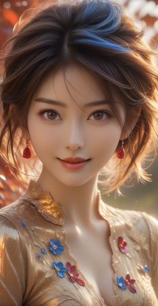 1 girl, very bright backlighting, solo, (beautiful and detailed eyes), autumn night, (large breasts:1.3), dazzling moonlight, calm expression, natural and soft light, hair blown by the breeze, delicate facial features, Blunt bangs, beautiful korean girl, eye smile, very small earring, 24 yo, ((model pose)), Glamor body, fantastic night forest, (colorful hair, Half blue and half brown hair:1.2), (water, liquid, colorful, watercolor), (blue and yellow flowers are in full bloom), (red and purple theme), film grain, hair blowing in the wind, (from above:1.2), cute smile, (gold metallic and red metallic tight dress:1.5), sparkling fine particles, Realistic, smile, Chinese-style garden , spring , sitting , delicate pussy,fantai12,photorealistic ,,smile, (oil shiny skin:1.3), (huge_boobs:2.3), willowy, chiseled, (hunky:3.8), body rotation 246 degree, (perfect anatomy, prefecthand, dress, long fingers, 4 fingers, 1 thumb), 9 head body lenth, dynamic sexy pose, breast apart, ((full body:1.2)), (artistic pose of a woman),shards,glass,DonMChr0m4t3rr4XL ,abyssaltech ,cinematic_warm_color,Leonardo Style,dissolving,Apoloniasxmasbox,abyss,NIJI STYLE,ao dai,crystalz