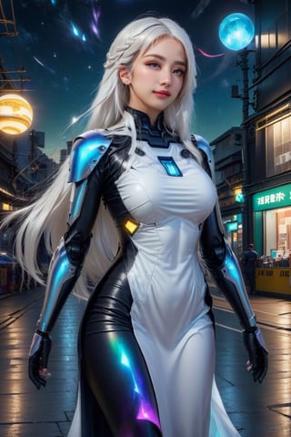 official art, unity 8k wallpaper, (ultra detailed), beautiful and aesthetic, beautiful, masterpiece, best quality, (fullbody) (1girl:1.3), (long hair, white hair:1.4), mature female, cyberpunk, mecha, sexy, iridescent eyes, starry sky, standing, (street:1.3), neon light, (wind blowing:1.3),futuristic_aodai,chrometech,  smile, (oil shiny skin:1.2), (big breast:1.3), (perfect anatomy, prefecthand, long fingers, 4 fingers, 1 thumb), 9 head body lenth, breast apart, (upper body:1.3), looking at viewer, (viewed_from_side:5),surface imperfections