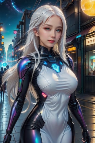 official art, unity 8k wallpaper, (ultra detailed), beautiful and aesthetic, beautiful, masterpiece, best quality, (fullbody) (1girl:1.3), (long hair, white hair:1.4), mature female, cyberpunk, mecha, sexy, iridescent eyes, starry sky, standing, (street:1.3), neon light, (wind blowing:1.3),futuristic_aodai,chrometech,  smile, (oil shiny skin:1.2), (big breast:1.3), (perfect anatomy, prefecthand, long fingers, 4 fingers, 1 thumb), 9 head body lenth, breast apart, (upper body:1.3), looking at viewer, viewed_from_above