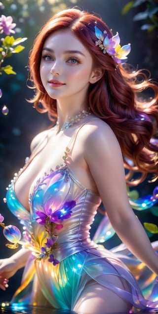 Medium full shot ,4k,best quality,masterpiece,1 American girl, 1 girl,(red hair,streaked hair, long hair, hime cut,), a luminous transparent bioluminescent multidimensional entity, delicate lilac flower branch, lilac fairy, super transparent, divine light, beautiful spectrum light, petal sparkle, flashing, dark background, transparent light drops, reflected light, bright, light flowing, optical , portrait profile, sharp focus, magical, complex, ultra-realistic, bewitching, sexy, erotic, beautiful face, detailed and perfect face, detailed and beautiful eyes, even eyes, perfect proportions, huge breasts, thin waist, navel, big butt, crotch gap, sexy thighs, random pose, dynamic angle, fantasy, composition, light, art station trend, pearl, silver vapor patronus cloud, corrosive enveloping ray family,, smile,(oil shiny skin:1.5), (big_boobs:1.2), willowy, chiseled, (hunky:2.6),(( body rotation 120 degree)), (perfect anatomy, prefecthand, dress, long fingers, 4 fingers, 1 thumb), 9 head body lenth, dynamic sexy pose, breast apart, (artistic pose of awoman),GARTERBELT,smoke on the water,xxmix_girl