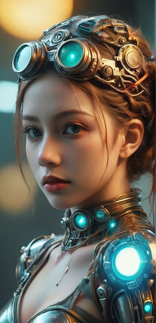 ((medium shot)), (RAW photo, best quality), (realistic, photo-Realistic:1.3), Imagine a beautiful cyborg with a translucent glowing glass body with colorful electronic mecha part and clockwork completely visible through her translucent glass body walking through a futuristic city, flowy hair, fantasy, work of beauty and complexity, 8k UHD, hyperdetailed ultrarealistic face, hazel eyes ,cyborg style, glowing translucent glass, amber glow,steampunk style, glass body, 80mm digital photo , wide_hips, translucent seethrough glass like body,Leonardo Style,cyberpunk style, iridescent glow,glasstech,,smile, (oil shiny skin:1.0), (big_boobs:2.8), willowy, chiseled, (hunky:2.4),(( body rotation -35 degree)), (upper body:0.8),(perfect anatomy, prefecthand, dress, long fingers, 4 fingers, 1 thumb), 9 head body lenth, dynamic sexy pose, breast apart, (artistic pose of awoman),chrometech,surface imperfections,steampunk,bubbleGL,neotech,ste4mpunk,DonMM00m13sXL