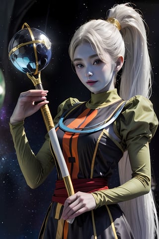 ((masterpiece,best quality)),Vados_DB, solo, white ponytail,(blue skin:1.8), smile, stars and space in background, cinematic , absurdres ,composition,Vados_DB,  (high resolution), (8K), (extremely detailed), (4k), ((masterpiece, best quality)), absurdres,solo, twintails, smiling, detailed eyes, composition, circular halo gow on his neck, "A person holding a mystical wizard's staff, with a clear glowing crystal orb attached at the top of the staff. The staff is made of twisted aged wood with intricate text carvings along its 180cm length.", curved body, deep purple nipple, Muscle, the third person view, front view,girl,realistic,modelshoot style,Detailedface,whit hair(white hair:1.8),