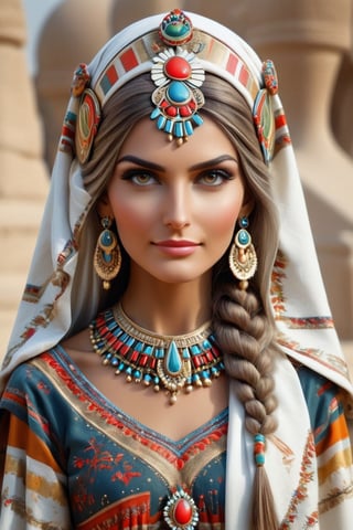 beautiful slavic woman, wearing the Bulgarian folk costume 'Nociya, ' creatively arranged with an Egyptian twist, Envision the fusion of Bulgarian and Egyptian elements, incorporating traditional patterns and embellishments from both cultures. Picture the woman in the intricately designed 'Nociya' attire, adorned with Egyptian-inspired accessories, creating a harmonious blend of cultural aesthetics, 」Ensure a visually stunning Bulgarian folk costume with Egyptian, crafted details, ,mad-marbled-paper,lis4,cutegirlmix,DonMB4nsh33XL ,NIJI STYLE, smile, (oil shiny skin:1.2), (gigantic breast:1.3), (perfect anatomy, prefecthand, dress, long fingers, 4 fingers, 1 thumb), 9 head body lenth, dynamic sexy pose, breast apart, (upper body:0.8), looking at viewer, (viewed_from_above:1.5),