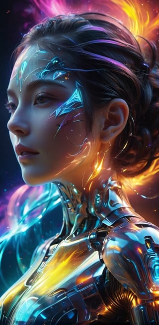 Upper body ,1 girl, solo, ((masterpiece, top quality, best quality, score_9, score_8_up, score_7_up, score_6_up, 1girl, solo, cosmic fire, human face, koling, cosmic, half open eyes, glowing eyes, magic eyes, glowing cheast, cosmic body, very cosmic hair, arms behind head,OverallDetail, ,, smile,(oil shiny skin:1.0), (big_boobs:2.6), willowy, chiseled, (hunky:2.0),(( body rotation -90 degree)), (upper body:1.6),(perfect anatomy, prefecthand, dress, long fingers, 4 fingers, 1 thumb), 9 head body lenth, dynamic sexy pose, breast apart, (artistic pose of awoman),,neon style,neotech,minimalist hologram,fire that looks like...,simple background,glow,Katon,oil paint ,Ninjutsu,Ninja, fire element,hubggirl,DonMW15pXL,Energy light particle mecha,ByteBlade,LuminescentCL