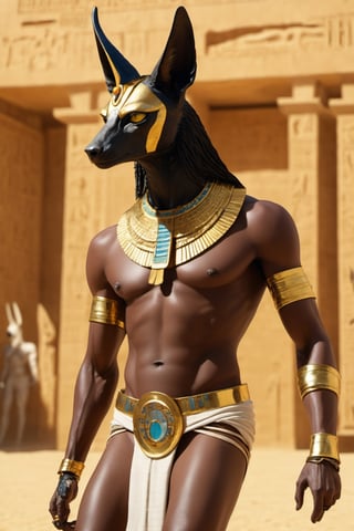 masterpiece, ((ultra detailed background, delicate pattern, intricate detail)), (highly detailed, fine details), best quality, beautiful lighting,  absurdres, , Anubis_Citron_OC, dark skin, black hair, yellow eyes, pelvic curtain, crop top, thighhighs, , solo, smiling, looking at viewer, cowboy shot, cinematic composition, dynamic pose, contrapposto, (shiny oil skin:1.6), Anubis_Citron_OC, High detailed , RoryCeehaz,face focus, Jackal-headed male, a bandaged jackal, in the Heart Weight Judgment scene in the Book of the Dead, "Anubis is the Guardian of the Scales," by comparing the dead man's heart to an ostrich feather placed on the scales Measure both ends, Ancient Egyptian clothing, Egyptian necklaces, Egyptian bracelets, armbands, bandages muscular,,photo r3al, full body,more detail XL