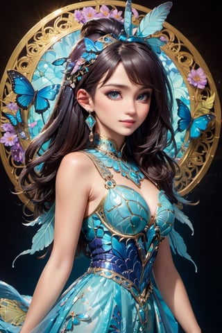 8k, (absurdres, highres, ultra detailed),1LADY. light blue butterfly (transparent, luminous), different world letters, pastel colors, fantasy world, Art Nouveau, Alphonse Mucha,szhf dress, smile, (oil shiny skin:1.2), (big breast:1.3), (perfect anatomy, prefecthand, dress, long fingers, 4 fingers, 1 thumb), 9 head body lenth, dynamic sexy pose, breast apart, (upper body:0.8), looking at viewer, (viewed_from_side:1.7),Enhanced All