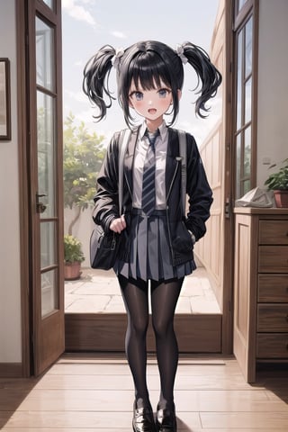 //quality and character
masterpiece, best quality, ultra-detailed, beautiful detailed, 4k, highres, ultla detailed, absurdres, BREAK

//Character
a girl in uniform posing near window in house-style living room, 1girl, solo, bag, pantyhose, twintails, skirt, black hair, necktie, black footwear, looking at viewer, school uniform, grey skirt, jacket, shoes, loafers, full body, open mouth, pleated skirt, black jacket, school bag, standing, black pantyhose, shirt, white shirt, long hair, holding, bangs

//background
(living:1.2), BREAK,

Sexy Pose,pastel colors
