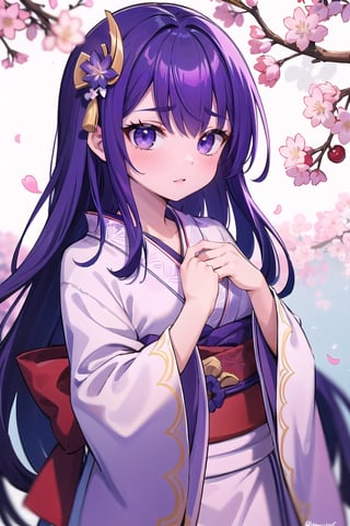 masterpiece,absurdres,best quality,Color Booster,niji,1girl,Long purple hair,blue hair ribbon,Sakura kimono,Cherry blossoms drift away,pastel colors,kawaii,raidenshogundef