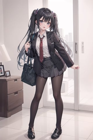 //quality and character
masterpiece, best quality, ultra-detailed, beautiful detailed,4k, highres, ultla detailed, absurdres, BREAK

//Character
a girl in uniform posing near window in house-style living room, 
1girl, solo, bag, pantyhose, twintails, skirt, black hair, necktie, black footwear, looking at viewer, school uniform, grey skirt, jacket, shoes, loafers, full body, 
open mouth, pleated skirt, black jacket, school bag, standing, black pantyhose, shirt, white shirt, long hair, holding, bangs

//background
 (living:1.2),BREAK,Detailedface,pastel colors,Sexy Pose