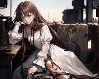 1girl, solo, long brown hair, bangs, black eyes, white dress, sitting, sad, medium shot, brown hair, wasteland, from side, head rest, cinematic, curled body (shrinking in the corner)