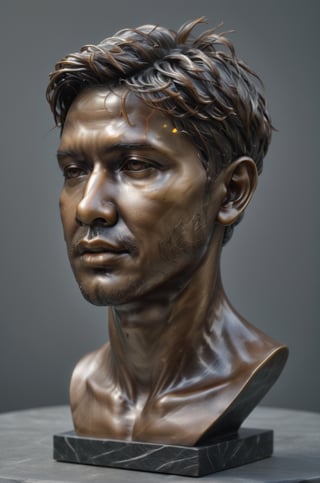 Realistic bust of guy statue bronze dark. Hight details, Grey background. 4k ,csrlds