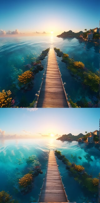 Breathtaking. A path leading to the direction of sunrise separating a ocean with beautiful aqua life into two parts at sunrise. In the separation there is a  beautiful Mysterious City.amazing details, perfect lighting and  reflections,unreal engine 5, RTX on,ultra HD, 8k, intricate, masterpiece