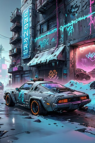 concrete wall front view, outdoor, frozen ice, snowdrifts, cyberpunk city, fog, movie filter , rare neon lines on wall , a futuristic car on the side, side view --ar 9:16