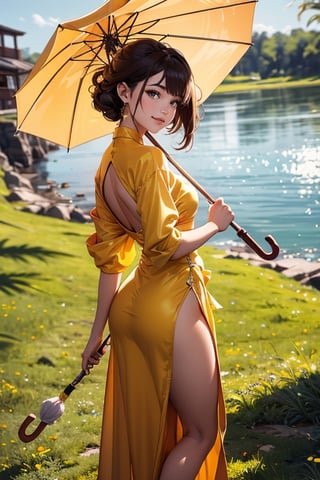 A Chinese girl holding a sun umbrella stands on a grass lawn with a backdrop of blue lake water. The background of the model photo is panoramic style, with vibrant colors. She smiles while holding the umbrella behind her head, wearing a yellow-green dress. This full-body shot from behind showcases a fashionable magazine-style photography. The skin texture looks incredibly realistic, with clear facial features and exquisite details. Professional studio lighting enhances the advertisement-style photography, carefully designed for high-resolution images,Long Shot(LS),front view,clean background trending. --chaos 30 --ar 83:128 --stylize 800 --iw 1.5