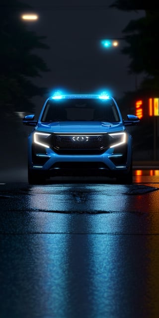 A front view of a futuristic SUV in a street,mid afternoon, cinematic lights ,reflection, rain in scene , lights glow in blue, fog bac