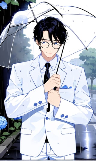 It is raining. A handsome man wearing glasses and white suit held a transparent umbrella and stood on the roadside in a residential area to protect the black kitten in his arms from the rain.
masterpiece, 8K, fresh style,Hydrangeas, man foucs,