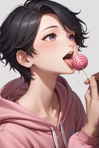 score_9,score_8_up,score_7_up,score_6_up, masterpiece, best quality, detailmaster2, 8k, 8k UHD, ultra-high resolution, ultra-high definition, highres,
//Character, (1boy), wave hair, cute face, black hair, (pink hoodie), tied to a chair,
//Fashion,
//Background, white_background,
//Others, offscreen there is a man's hand holding a colorful lollipop, stick out tongue and lick lollipop, saliva trail, sideview, happy, shy,Expressiveh