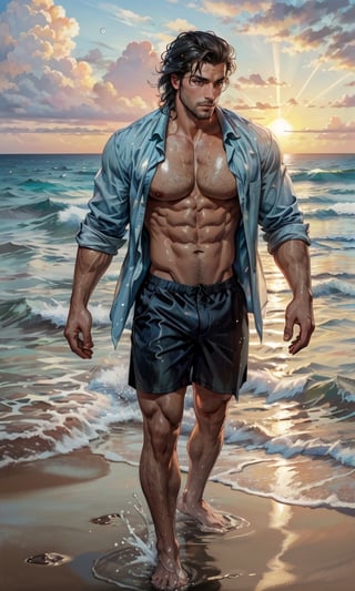 movie poster style, (2man), handsome, stubble, large pectorals, nipples, different hair, different skin, at the beach, sunset, winds, open shirt, shorts, wet, water splash, water droplets, oil painting feeling, Detailed face, detailed eyes, best quality, full body,