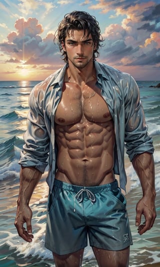 movie poster style, (2man), handsome, stubble, large pectorals, nipples, different hair, different skin, at the beach, sunset, winds, open shirt, shorts, wet, water splash, water droplets, oil painting feeling, Detailed face, detailed eyes, best quality, 