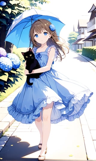 A brown hair beautiful girl wearing blue dress held a yellow umbrella and walking on the roadside in a residential area. A black kitten in her arms. it is a sunny day.
masterpiece, 8K, fresh style,Hydrangeas, girl foucs,