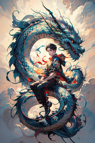 dragon venus,  1boy, solo, long hair, closed mouth, full body, floating hair, floating, metal,  mechanical body, mechanical,  dragon,complex background,  planet, dragon-themed,  blue theme,  holding fan, masterpiece, best quality, detailed face,