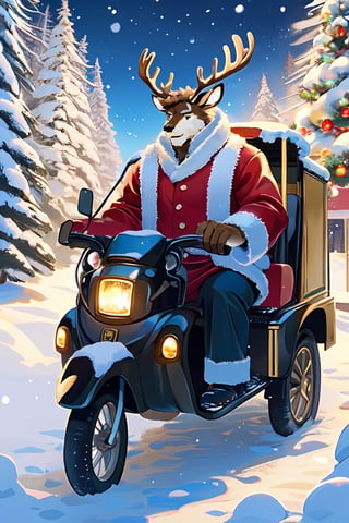 (1anthro), (Elk), ((antlers)), brown fur, kemono, furry, muscular, ((rickshaw)), Christmas costume, outdoor, snowy, small town streets, huge Christmas tree, perfect light, (best quality), (8k), (masterpiece), ,Santa Claus, anthro focus,