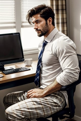 masterpiece, best quality, perfect light, sufficient light, detailed face, 1man, young, handsome, white shirt, tie, stubble, big pec, no pants,(Plaid boxer briefs), sitting from at computer desk, Online Meetings, video conference, side view, (full body photo),