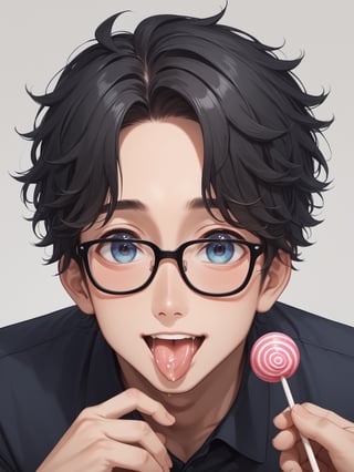 score_9,score_8_up,score_7_up,score_6_up, masterpiece, best quality, detailmaster2, 8k, 8k UHD, ultra-high resolution, ultra-high definition, highres,
//Character, (1boy), big eyes, glasses, wave hair, cute face, black hair, pink clothes, tied to a chair,
//Fashion,
//Background, white_background,
//Others, offscreen there is a man's hand holding a colorful lollipop, stick out tongue and lick lollipop, saliva trail, Expressive, happy, shy,Expressiveh