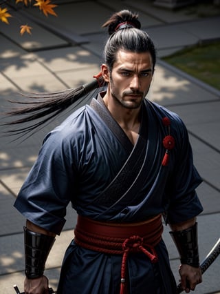 1man, samurai, handsome, protruding pecs, stubbles, japanese samurai clothing, black_hair, Hair tied back, few locks of hair hang down on the forehead, blue cloth, katana, maple leaf scattered in the air, wind, dynamic angle, Masterpiece,  Intricate details,  hdr,  depth of field,  (full body view),  Portrait, open cloth, show chest,