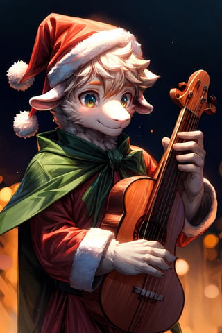 1boy, anthro, sheep, white fur, cute, Shorty, green cloak, santa dress, christmas hat, bard, instrument, perfect anatomy, (sonwy), detailed face, detailed finger, perfect light, best quality, high res, ultra hd, Furry,