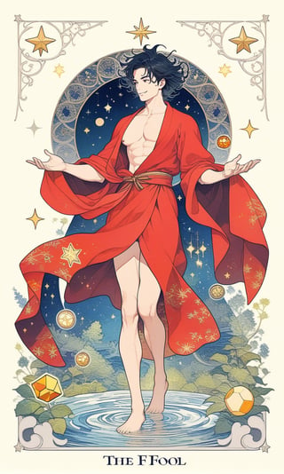 1man, wearing red robe, nude, show chest, muscles, large pectorals, black hair, mess hair,  full body, fractal art, tarot card design, botanical illustration, classic, elegant flourishes, lofi art style, retro, cube star, (text that says "THE FOOL"), best quality, masterpiece, extremely detailed, intricate details,  