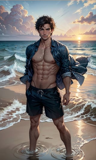 movie poster style, (2man), handsome, stubble, large pectorals, nipples, different hair, different skin, at the beach, sunset, winds, open shirt, shorts, wet, water splash, water droplets, oil painting feeling, Detailed face, detailed eyes, best quality, full body,