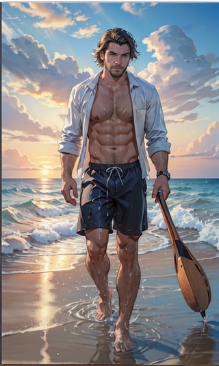 movie poster style, (2man), handsome, stubble, large pectorals, nipples, different hair, different skin, at the beach, sunset, winds, open shirt, shorts, wet, water splash, water droplets, oil painting feeling, Detailed face, detailed eyes, best quality, 