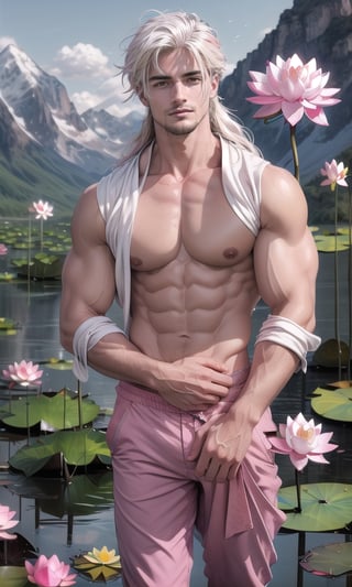 (photorealistic:1.2), (masterpiece, sidelights, exquisite gentle eyes), (character focus,face focus,close to viewer,portrait,masterpiece,)、anime colored, cute face, 3D face, (white hair, long-hair:1.2),(1 boy), stand, (blue eyes), 
handsome, (asian face), (gentle smile:1.5), Gentle face, (gradient background),  
neat and clean, adorable, shiny hair, shiny skin, niji, sketch, manga, (Alpine lotus leaf flower background:1.2), fog sky, lake,
(white & pink lotus flower:1.4), idle animation, put hands on waist, (Long shot:1.6), (massive chest), nipples, erect nipples, detailed nipples, show chest, pink pants, muscular,best quality