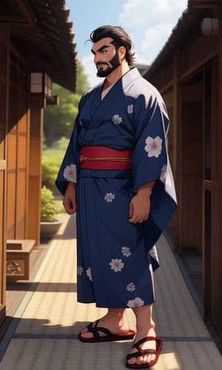 solo male, Japanese, black hair, black eyes, facial hair, thick eyebrows, scar on face, sideburns, (yukata), (kimono), japanese sandals, mature, handsome, charming, alluring, standing, full body, perfect anatomy, perfect proportions, best quality, masterpiece, high_resolution, dutch angle, cowboy shot, photo background, muscular, beefy, intricate details