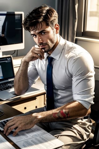 masterpiece, best quality, perfect light, sufficient light, detailed face, 1man, young, handsome, white shirt, tie, stubble, big pec, (boxer briefs), sitting from at computer desk, Online Meetings, video conference, side view, (full body photo),