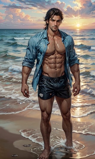 movie poster style, (2man), handsome, stubble, large pectorals, nipples, different hair, different skin, at the beach, sunset, winds, open shirt, shorts, wet, water splash, water droplets, oil painting feeling, Detailed face, detailed eyes, best quality, full body,