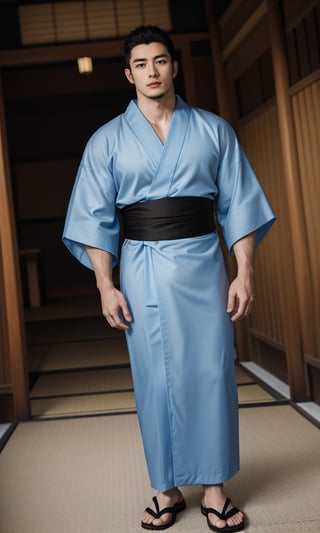 solo male, Japanese, black hair, black eyes, facial hair, thick eyebrows, scar on face, sideburns, (yukata), (kimono), japanese sandals, mature, handsome, charming, alluring, standing, full body, perfect anatomy, perfect proportions, best quality, masterpiece, high_resolution, dutch angle, cowboy shot, photo background, muscular, beefy, intricate details