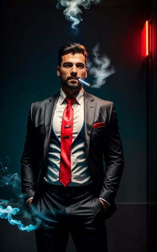 digital painting of a man, shot on Canon 5D Mark II, portrait of a mafia in city street full on neon signboards, ((black with red business suit)), (white shirt), (red necktie), (balck hair), angry, BREAK ((blue neon lights)), smoke from mouth, (with a cigarette in mouth), pants, add lightsource to front, (mouth open:0.5), Leaning lazily against the wall, cinematic, best quality, masterpiece, intricate details, dynamic pose, dynamic angle, ((surrealism)), ((romanticism)), ((oil painting \(medium\):1.2)), (illustration), huge-muscles, (large pectorals), sharp focus, soft lighting, vibrant colors, cinematic photography, volumetric lighting, film grain, hard shadows,Masterpiece