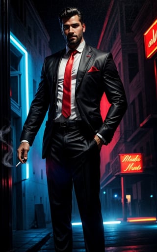 digital painting of a man, shot on Canon 5D Mark II, portrait of a mafia in city street full on neon signboards, ((black with red business suit)), (white shirt), (red necktie), (balck hair), angry, BREAK ((blue neon lights)), smoke from mouth, (with a cigarette in mouth), pants, add lightsource to front, (mouth open:0.5), Leaning lazily against the wall, cinematic, best quality, masterpiece, intricate details, dynamic pose, dynamic angle, ((surrealism)), ((romanticism)), ((oil painting \(medium\):1.2)), (illustration), huge-muscles, (large pectorals), sharp focus, soft lighting, vibrant colors, cinematic photography, volumetric lighting, film grain, hard shadows,