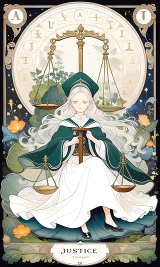 1 woman, platinum long hair, (holding a Balance scales), a sword at feet side, green cloak, white long skirt, sitting in the judgment seat, court, muscles, full body, fractal art, (tarot card design), botanical illustration, classic, elegant flourishes, lofi art style, retro, [(text that says "JUSTICE" at bottom)], best quality, masterpiece, extremely detailed, intricate details,  