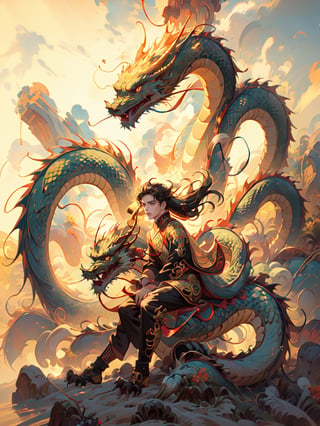 dragon venus,  1boy, solo, long hair, closed mouth, full body, floating hair, floating, metal,  mechanical body, mechanical,  dragon,complex background,  planet, dragon-themed,  golden theme,  holding fan, masterpiece, best quality, detailed face,